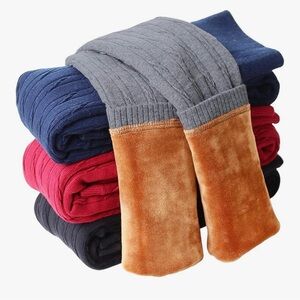 Girls Gray Stretch Velvet Fleece Lined Thick Cable Sweater Leggings 140cm/US8–10